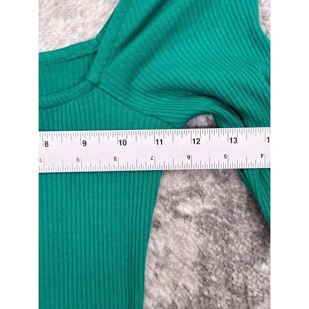 New Free People Dress XS Womens Green Ribbed Square Neck Long Sleeve Mini